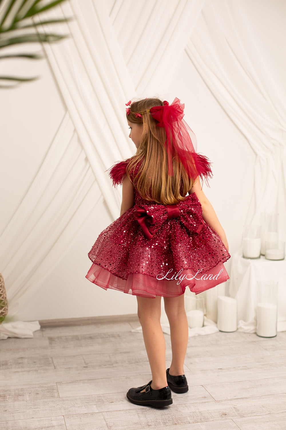 Natalie Sparkling Tutu Girl Dres with Feather Sleeves in Burgundy