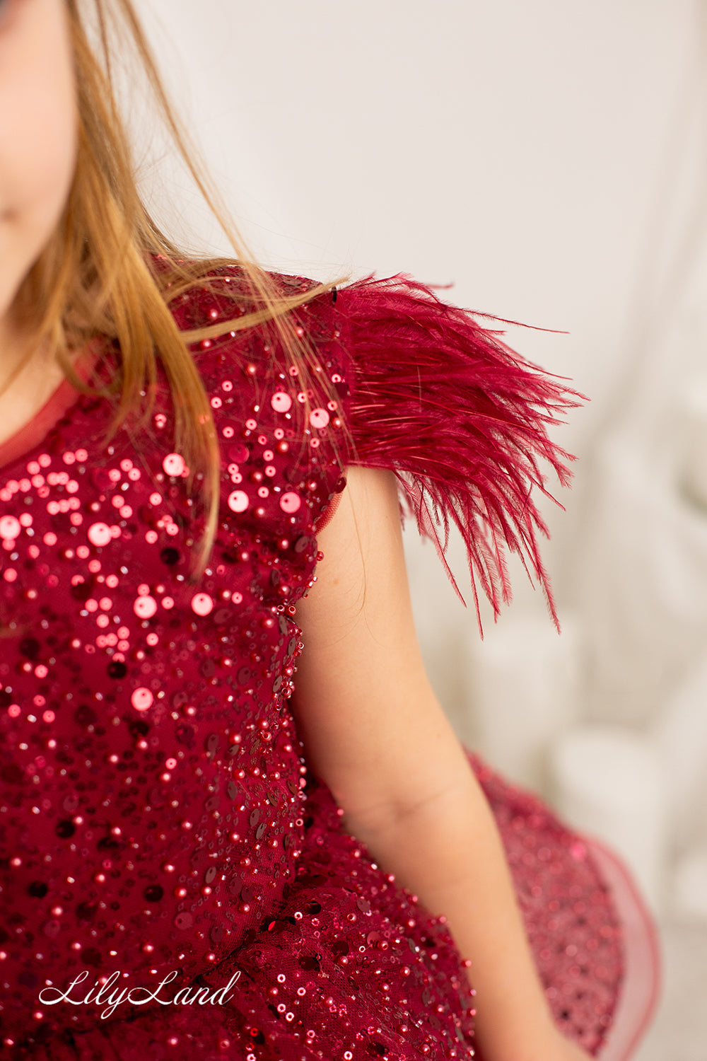 Natalie Sparkling Tutu Girl Dres with Feather Sleeves in Burgundy