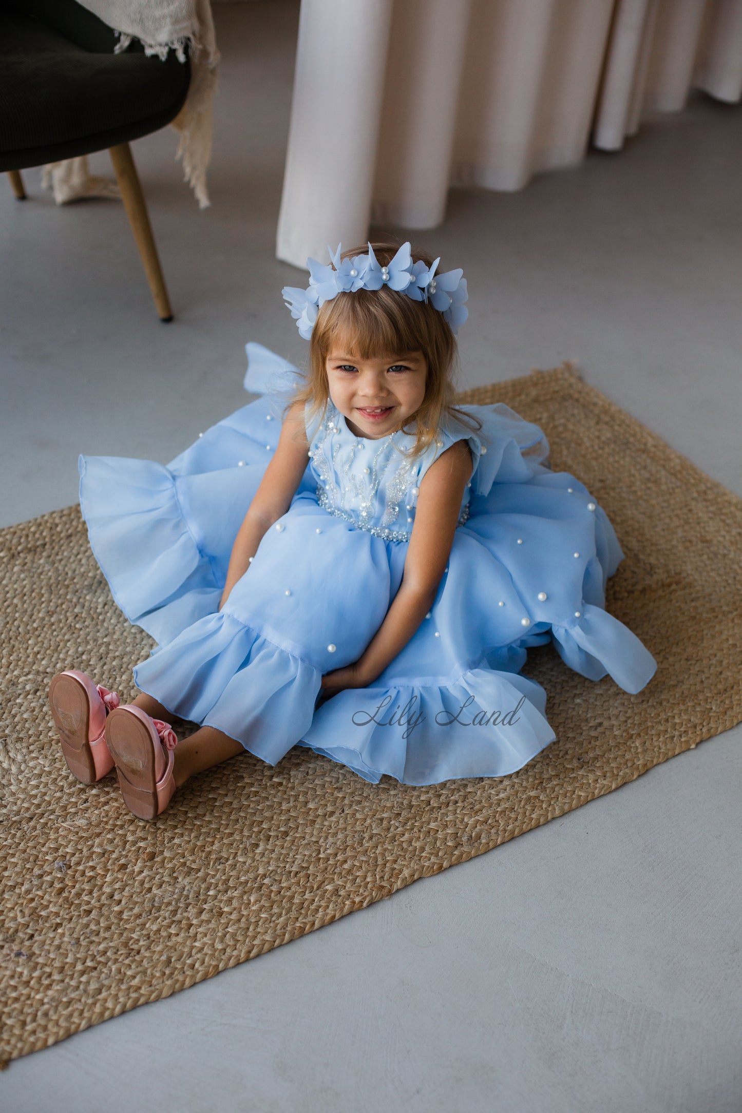 Lilu Puffy Girl Dress With Beads and Sequins in Light Blue