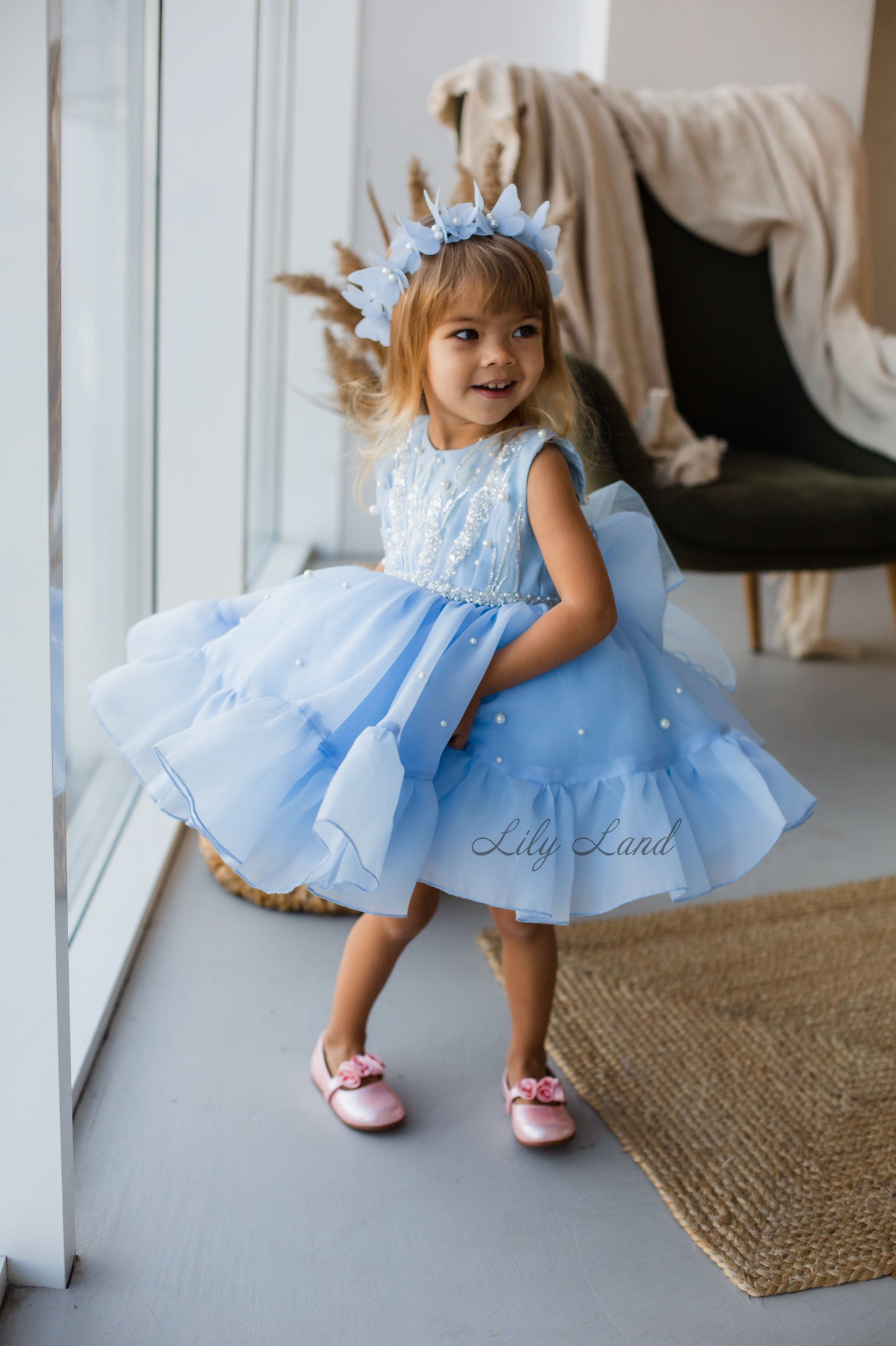 Lilu Puffy Girl Dress With Beads and Sequins in Light Blue