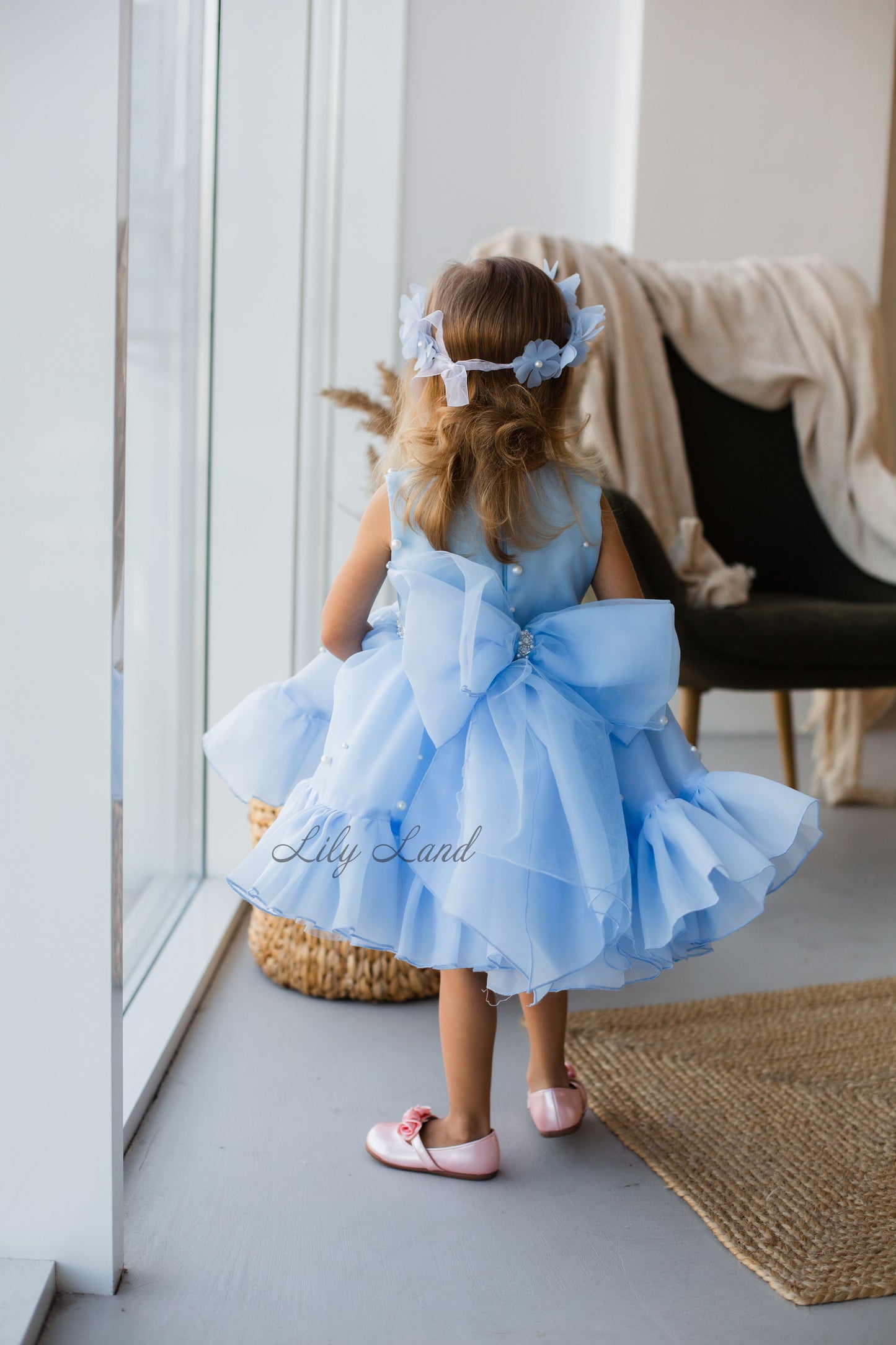 Lilu Puffy Girl Dress With Beads and Sequins in Light Blue