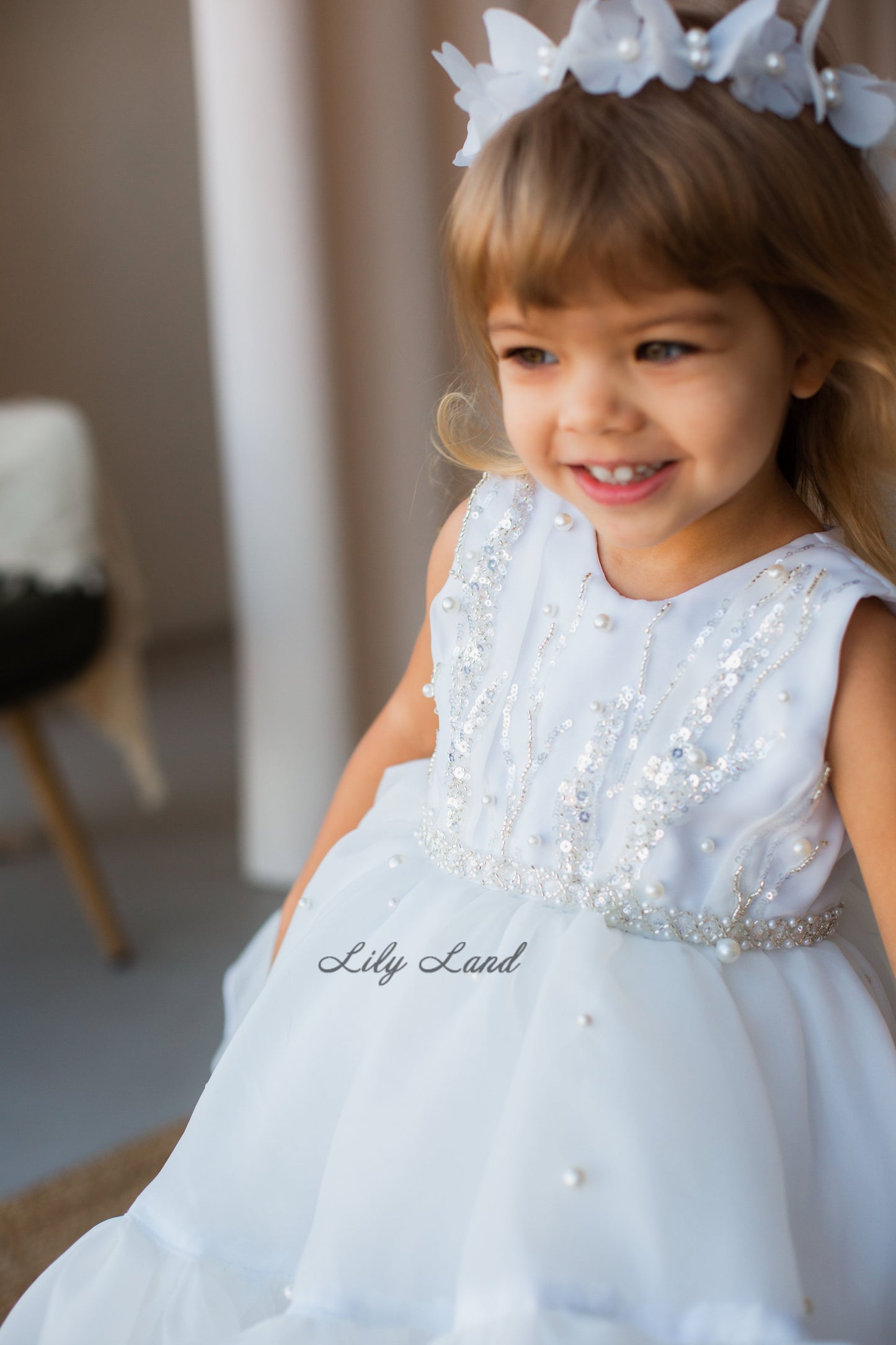 Lilu Puffy Girl Dress With Beads and Sequins in White