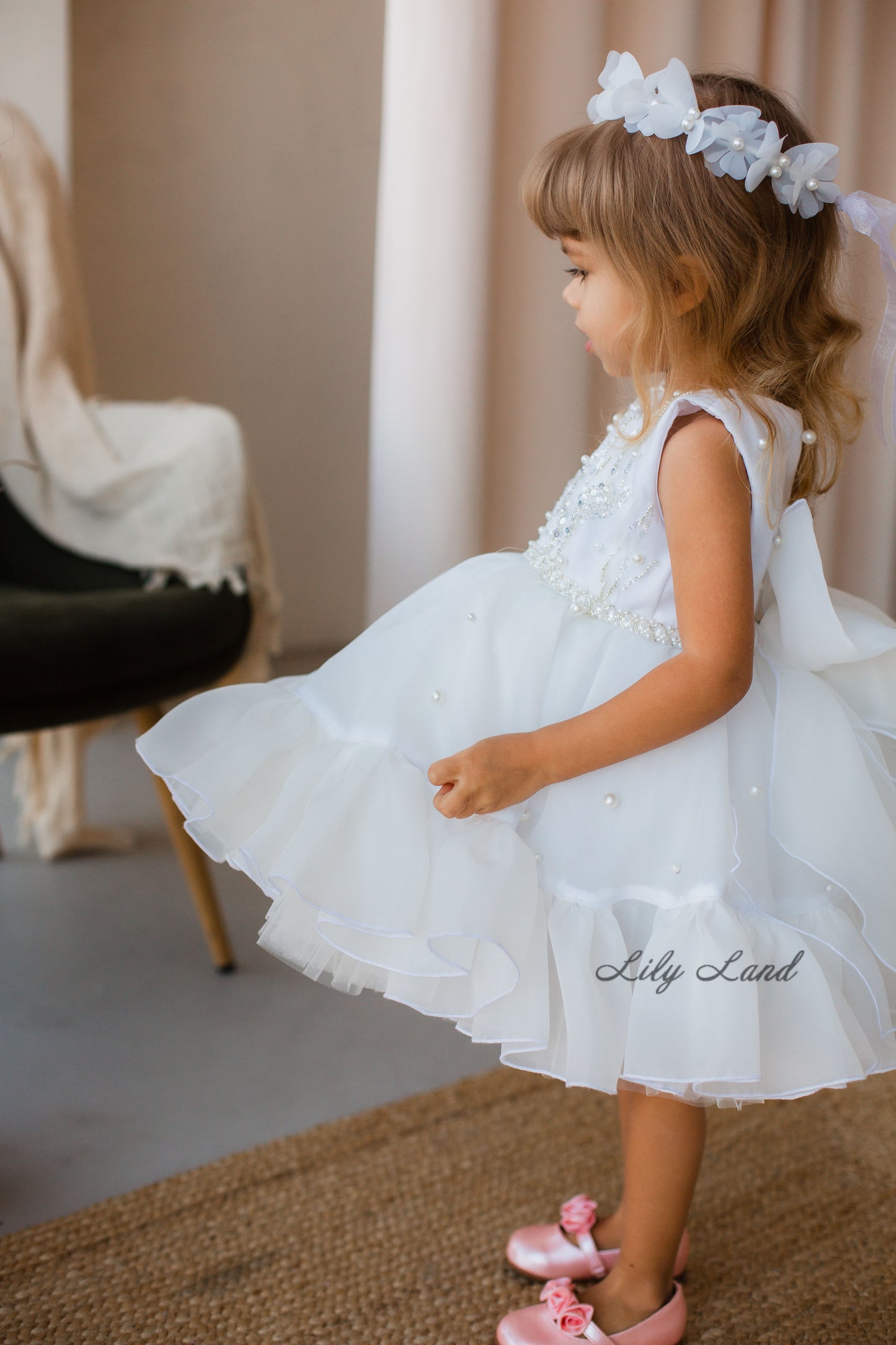 Lilu Puffy Girl Dress With Beads and Sequins in White