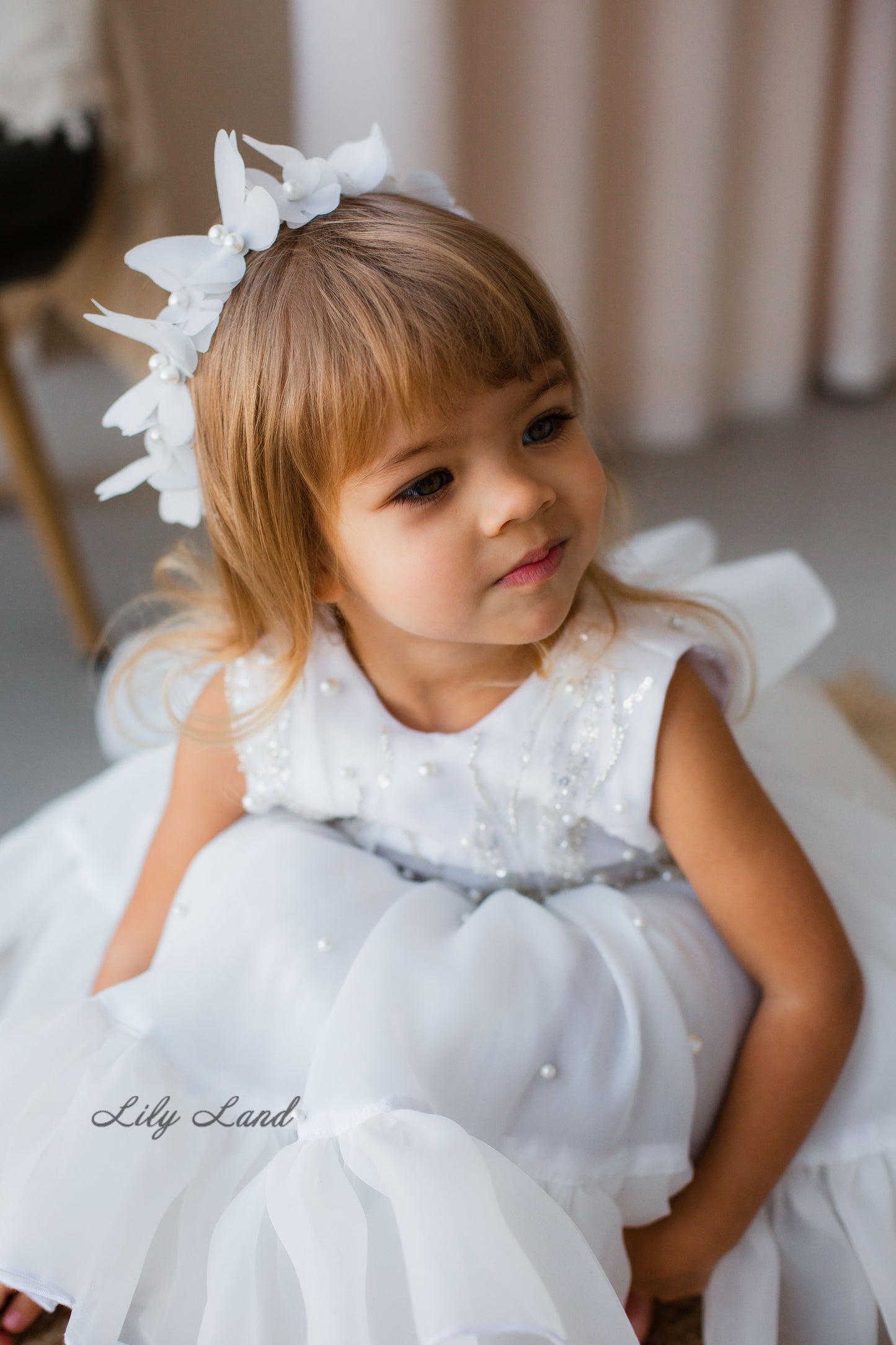 Lilu Puffy Girl Dress With Beads and Sequins in White