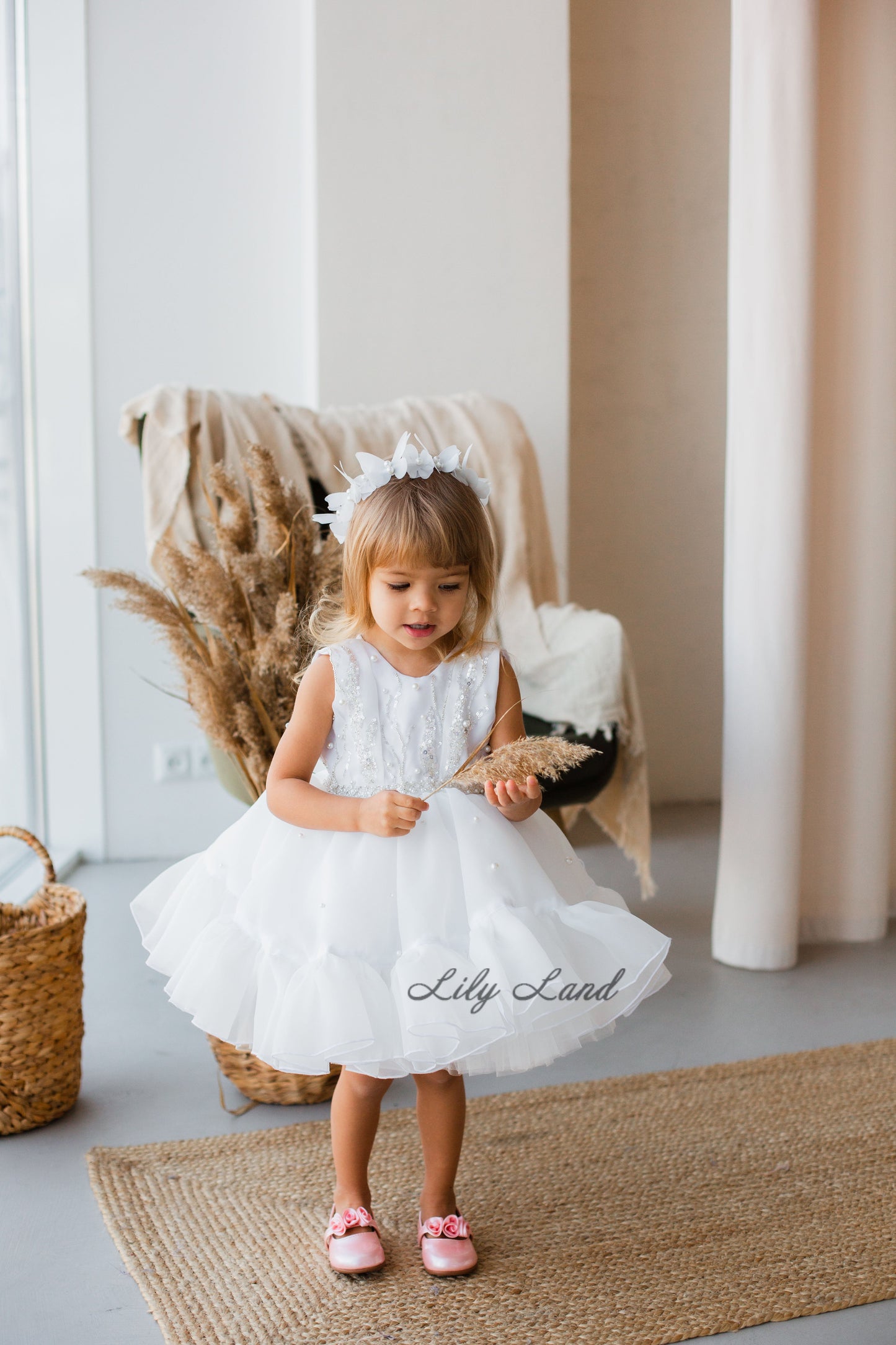 Lilu Puffy Girl Dress With Beads and Sequins in White