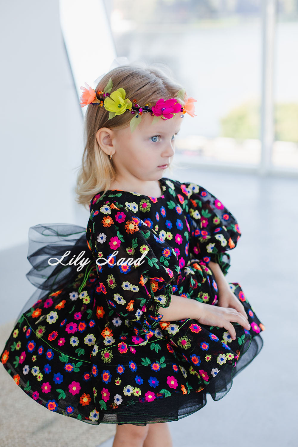 Cheryl Puffy Girl Dress in Black with Multicolored Bright Flowers