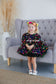 Cheryl Puffy Girl Dress in Black with Multicolored Bright Flowers