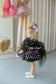 Cheryl Puffy Girl Dress in Black with Multicolored Bright Flowers