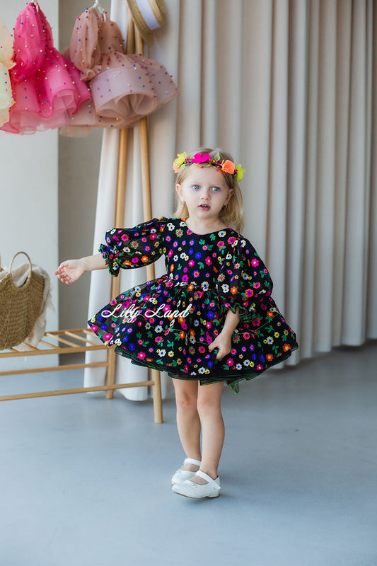 Cheryl Puffy Girl Dress in Black with Multicolored Bright Flowers