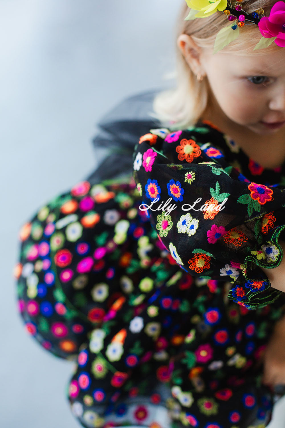 Cheryl Puffy Girl Dress in Black with Multicolored Bright Flowers