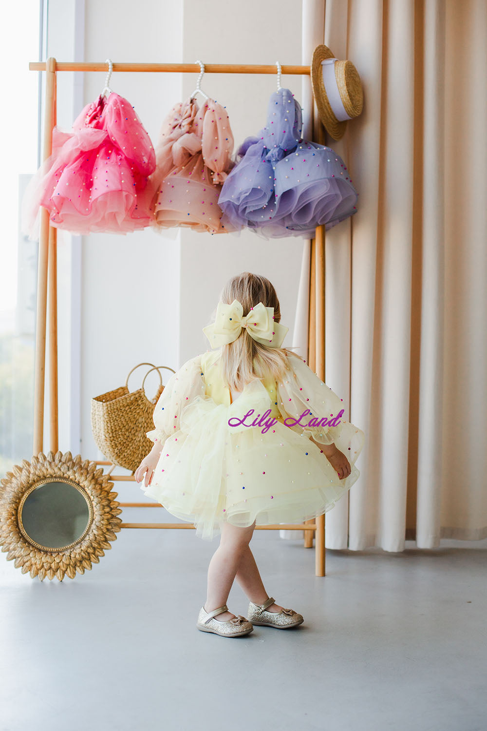 Bussie Tutu Girl Dress in Pastel Yellow with Colored Beads