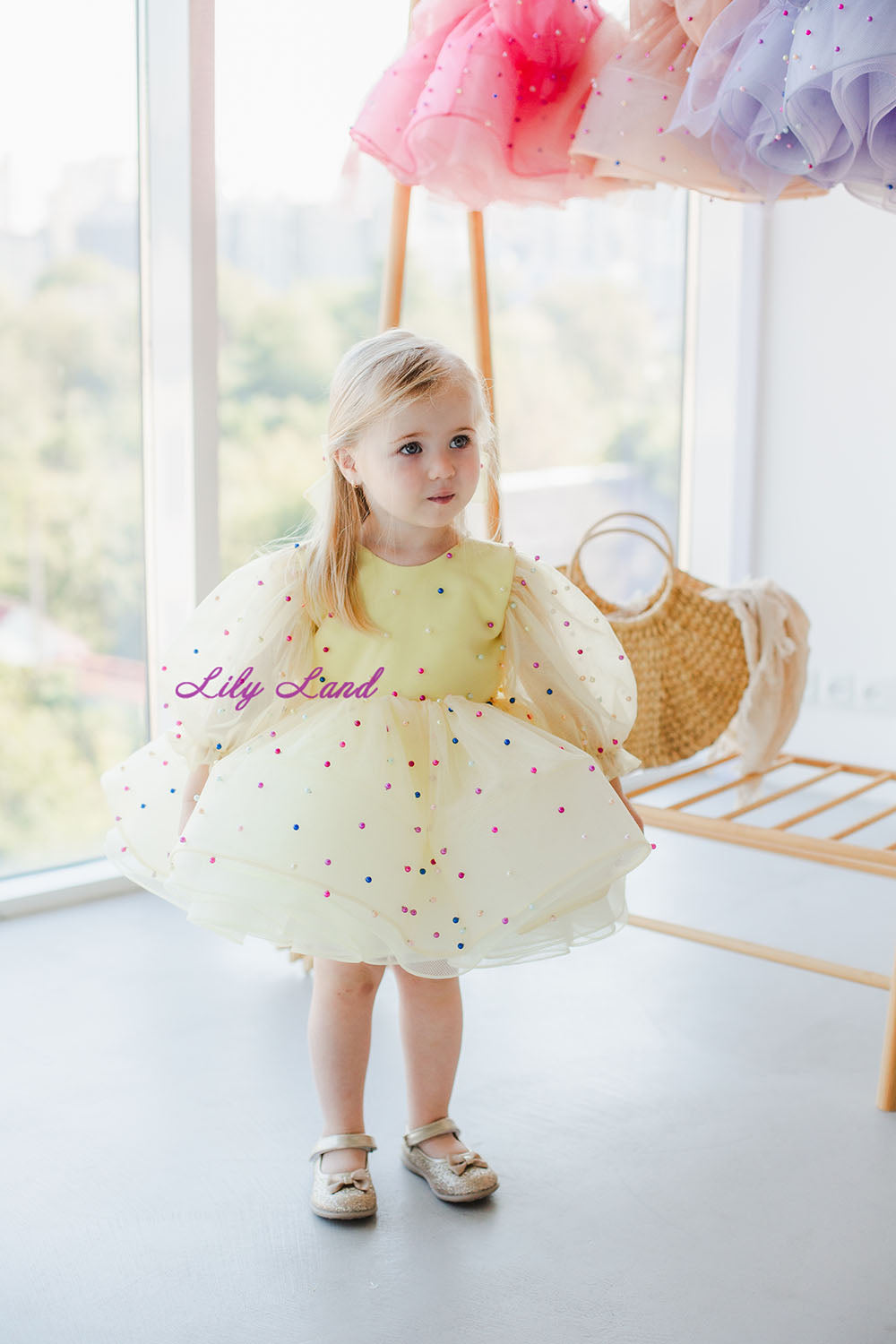 Bussie Tutu Girl Dress in Pastel Yellow with Colored Beads