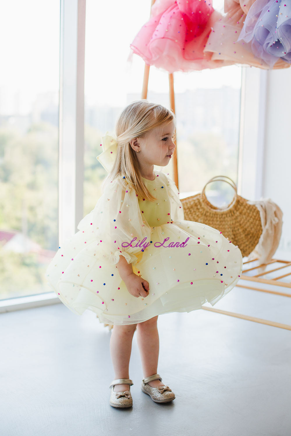 Bussie Tutu Girl Dress in Pastel Yellow with Colored Beads