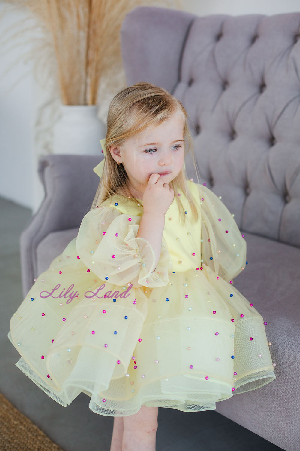 Bussie Tutu Girl Dress in Pastel Yellow with Colored Beads