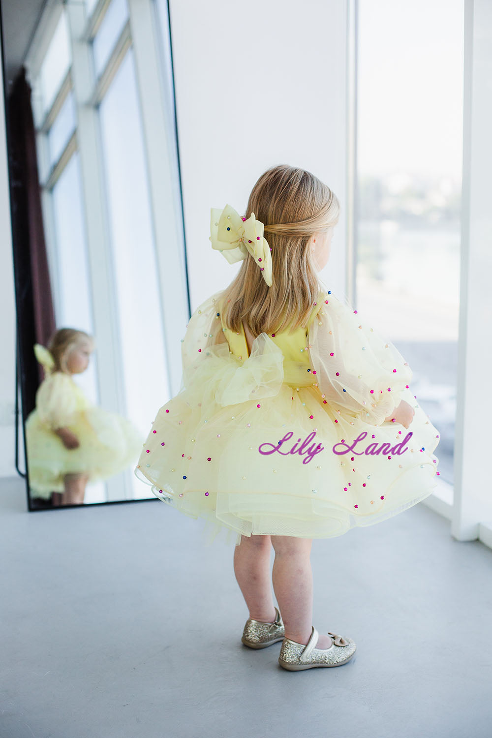 Bussie Tutu Girl Dress in Pastel Yellow with Colored Beads