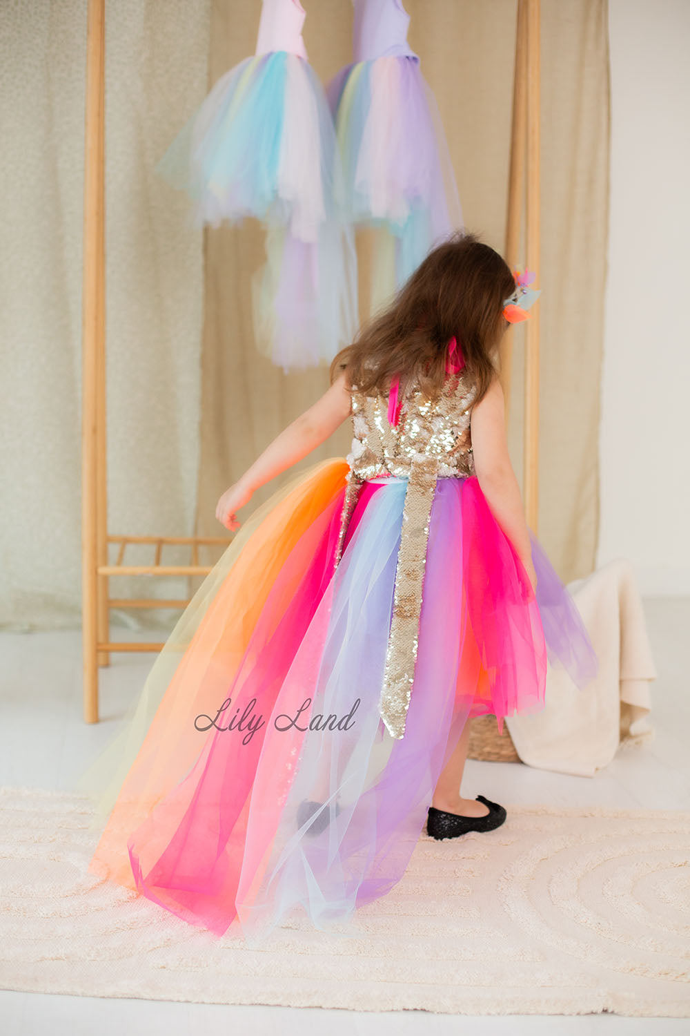 MyLittlePony Unicorn Girl Dress with Gold Sequins and Multicolored Bright Skirt