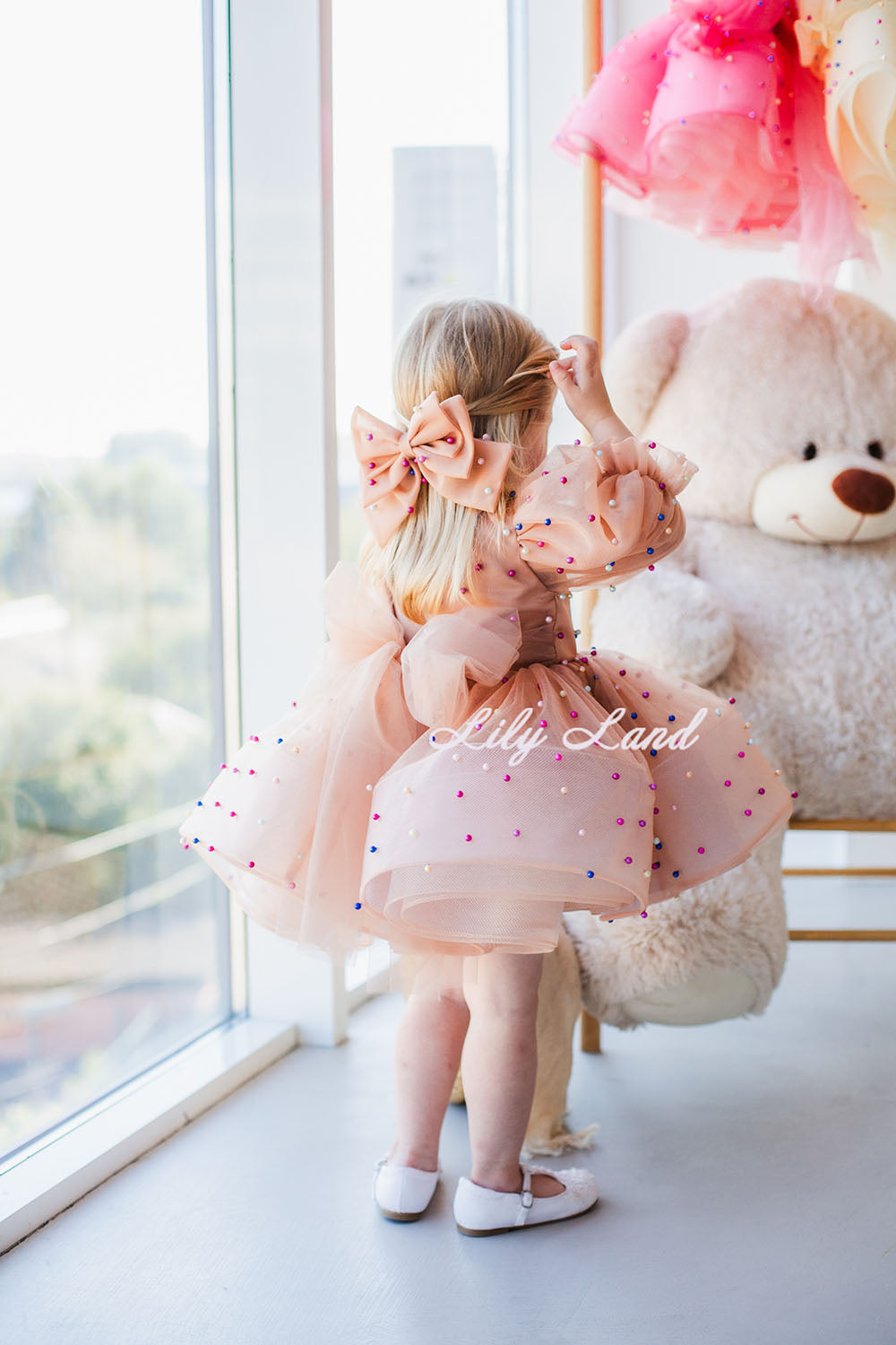 Bussie Tutu Girl Dress in Peach with Colored Beads