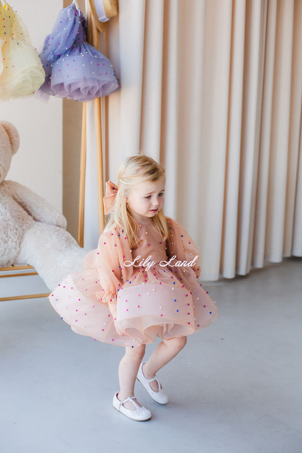 Bussie Tutu Girl Dress in Peach with Colored Beads