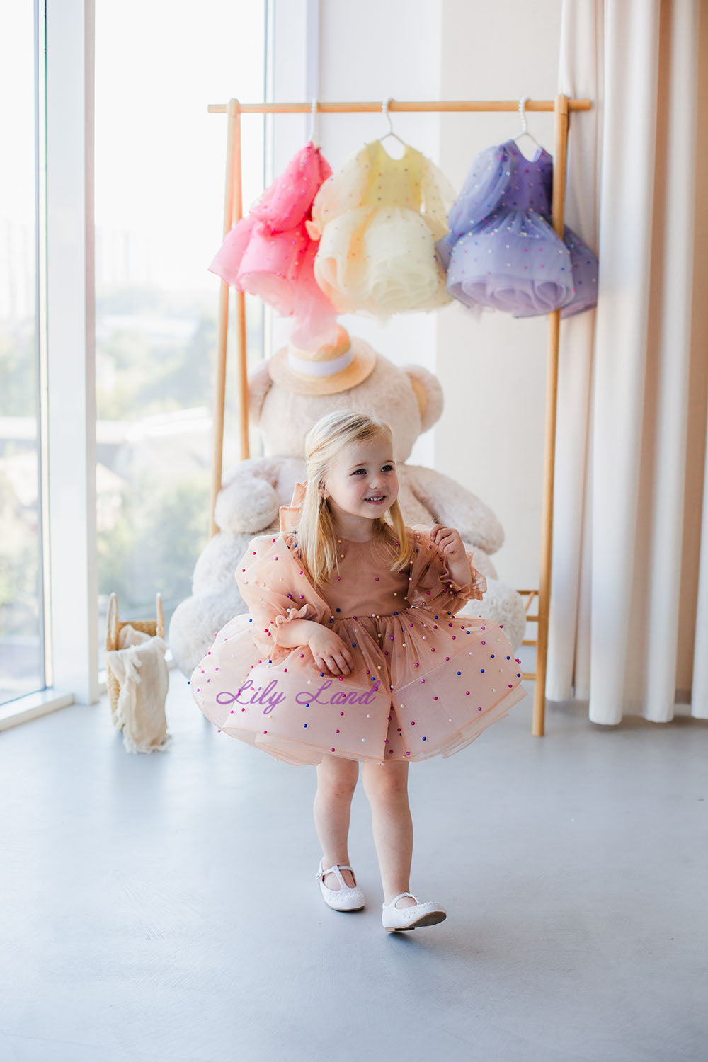 Bussie Tutu Girl Dress in Peach with Colored Beads