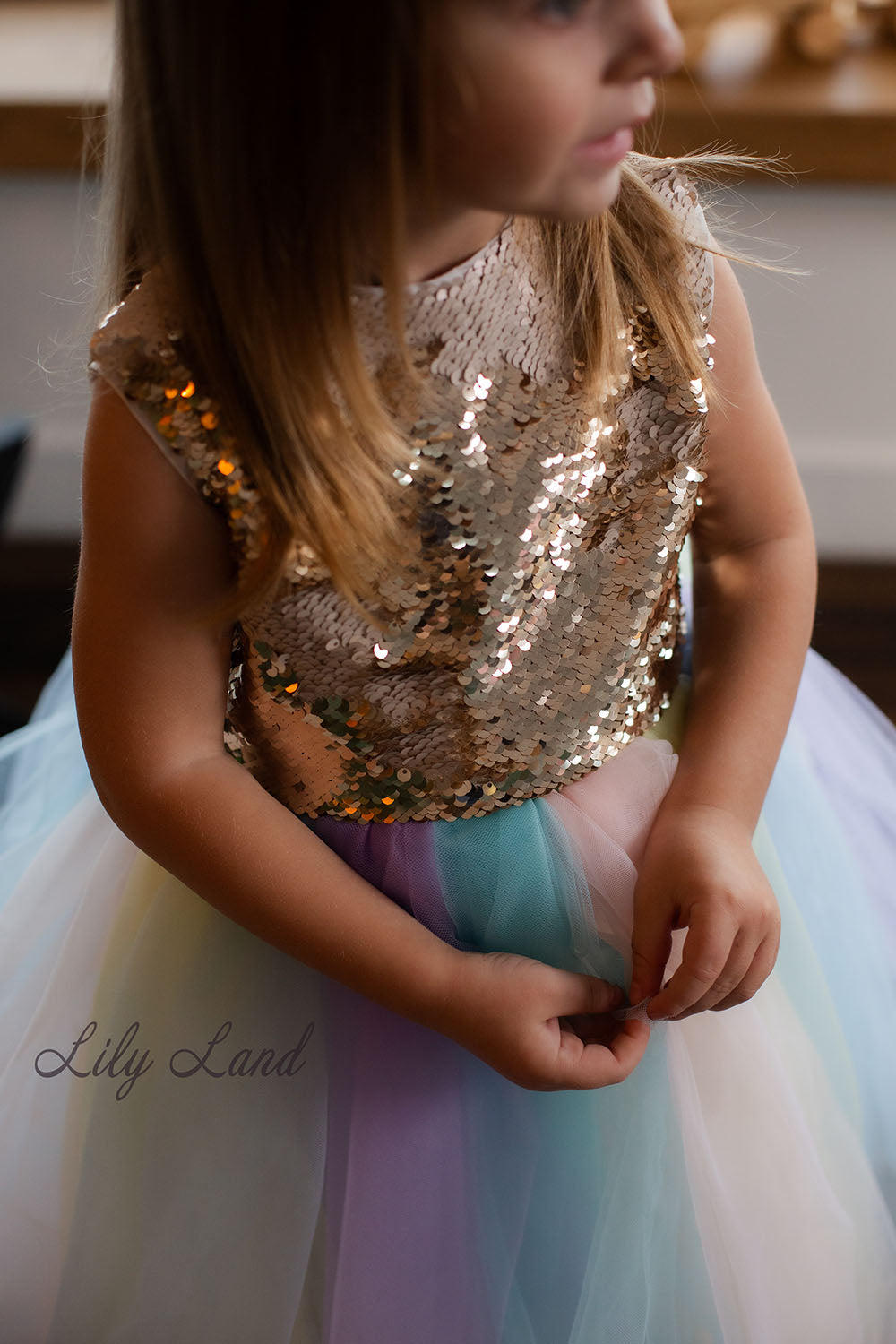 MyLittlePony Unicorn Girl Dress with Gold Sequins and Multicolored Skirt