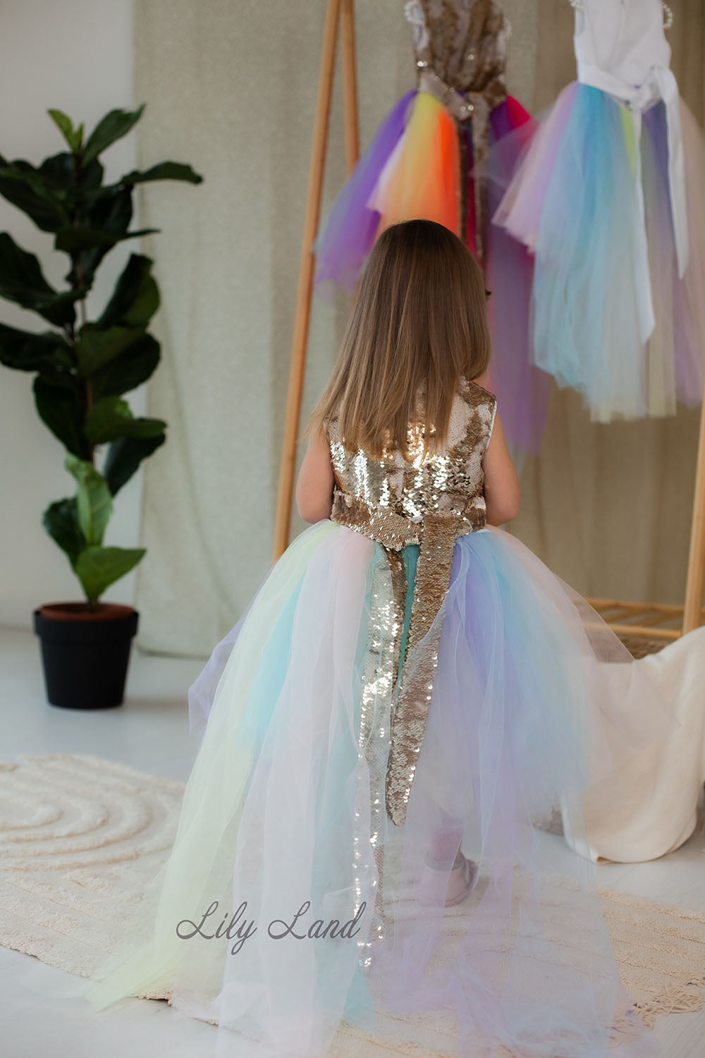 MyLittlePony Unicorn Girl Dress with Gold Sequins and Multicolored Skirt