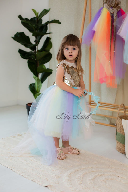 MyLittlePony Unicorn Girl Dress with Gold Sequins and Multicolored Skirt