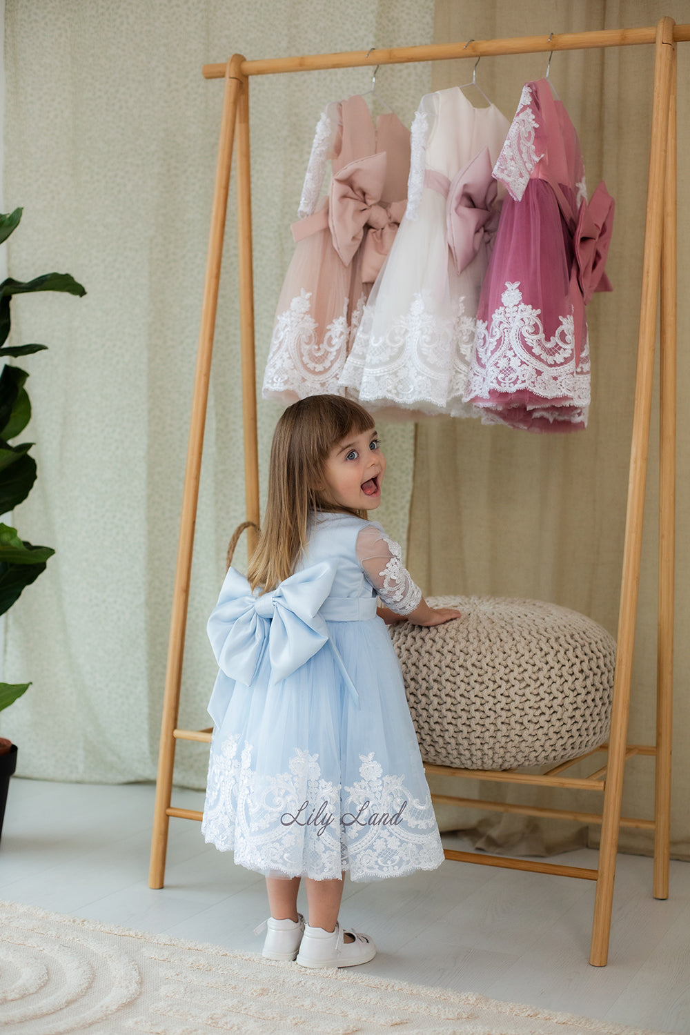 Amelie Girl Dress In Sky Blue with Long Lace Sleeves