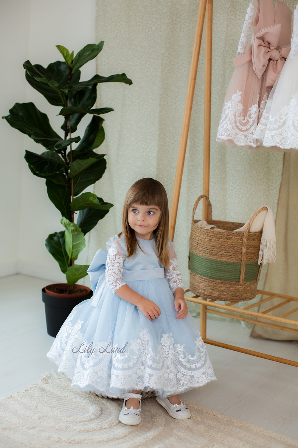 Amelie Girl Dress In Sky Blue with Long Lace Sleeves