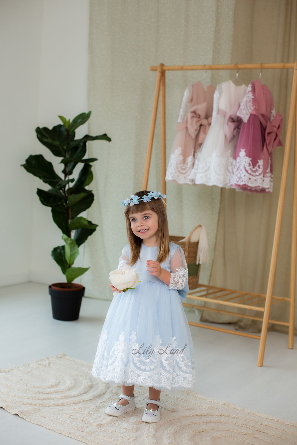 Amelie Girl Dress In Sky Blue with Long Lace Sleeves