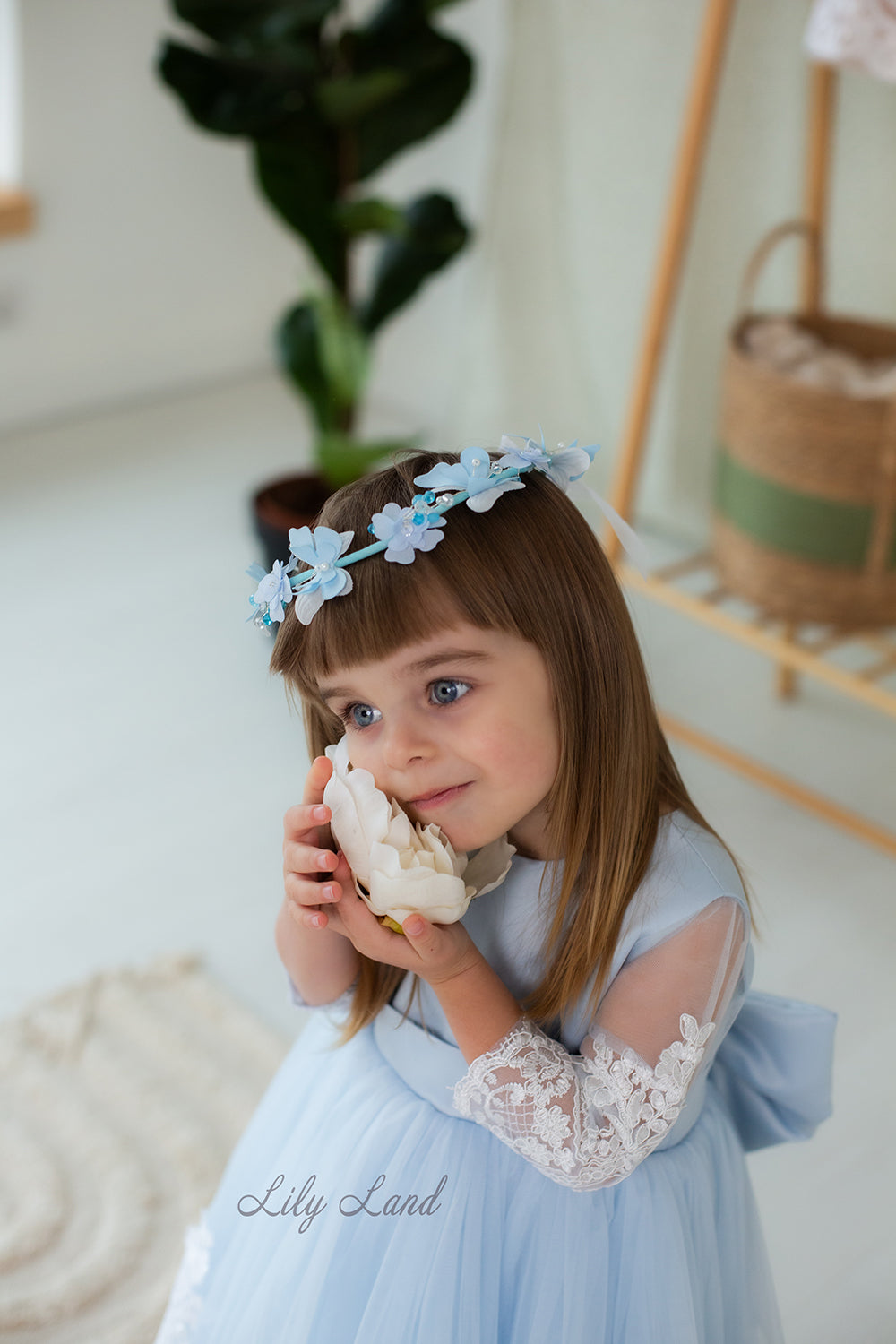 Amelie Girl Dress In Sky Blue with Long Lace Sleeves