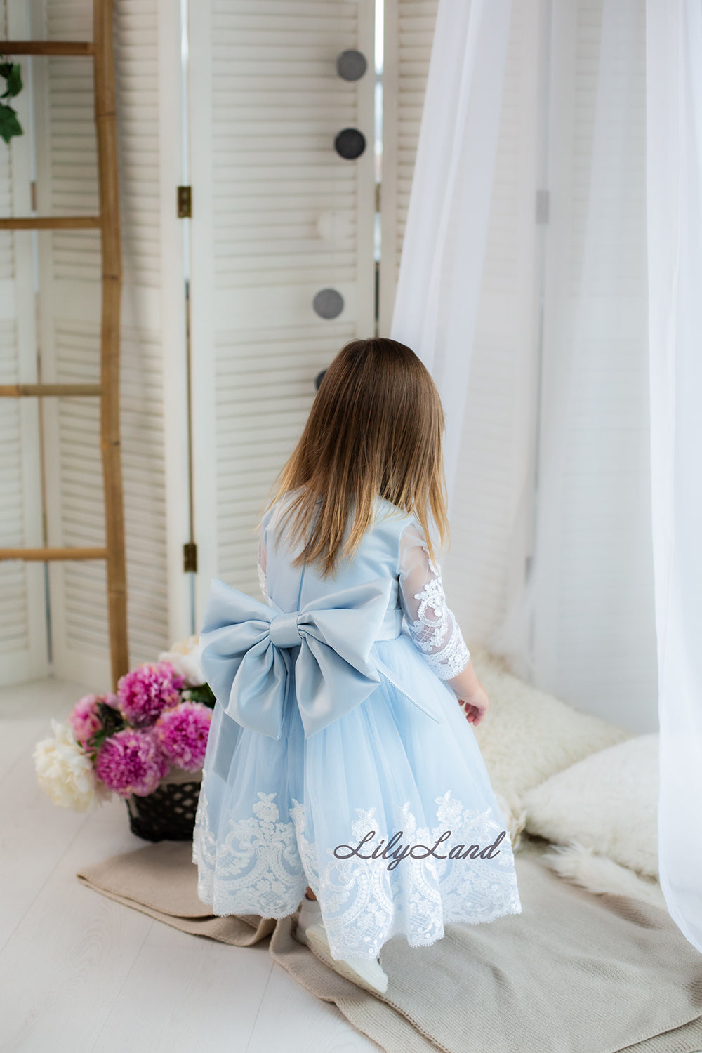 Amelie Girl Dress In Sky Blue with Long Lace Sleeves