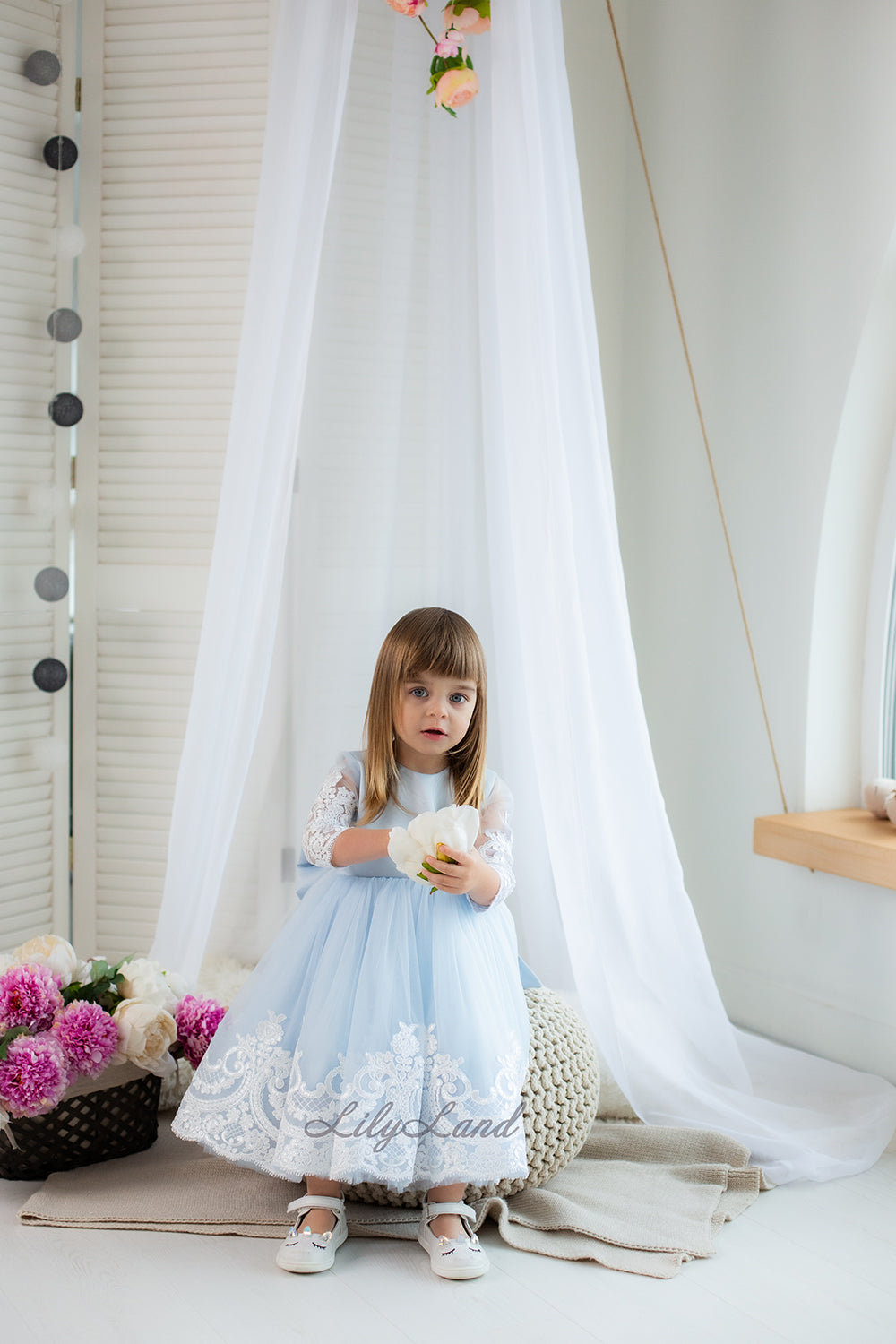 Amelie Girl Dress In Sky Blue with Long Lace Sleeves