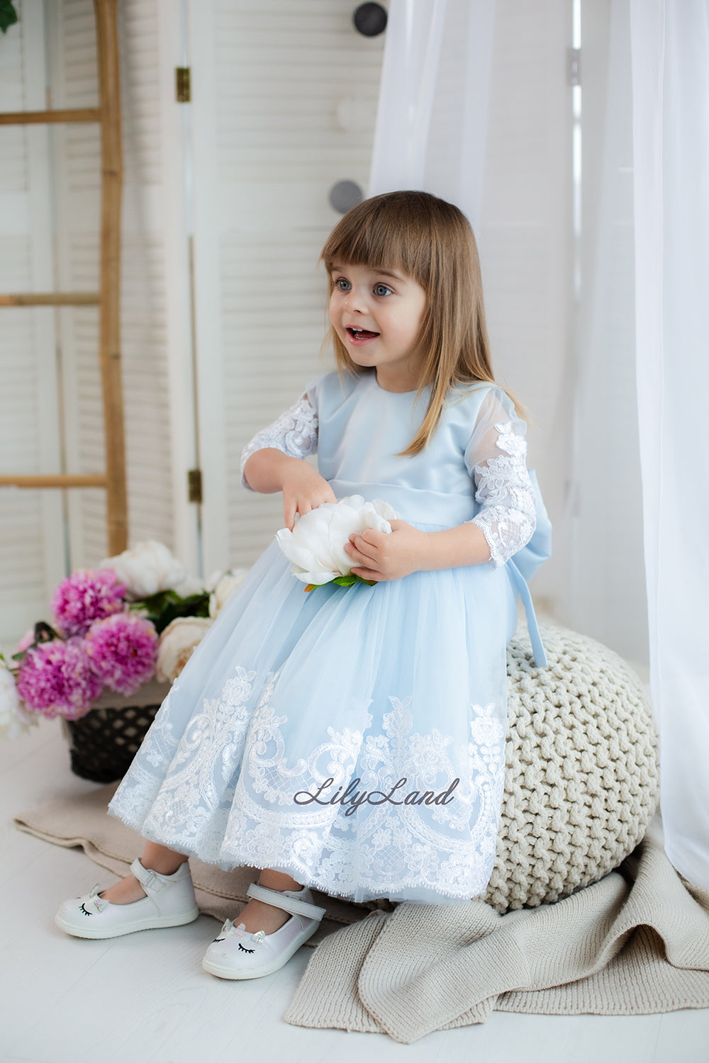 Amelie Girl Dress In Sky Blue with Long Lace Sleeves