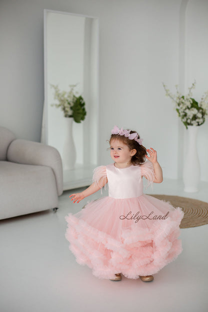 Cloud Girl Fluffy Dress in Powder with Feathers Sleeves