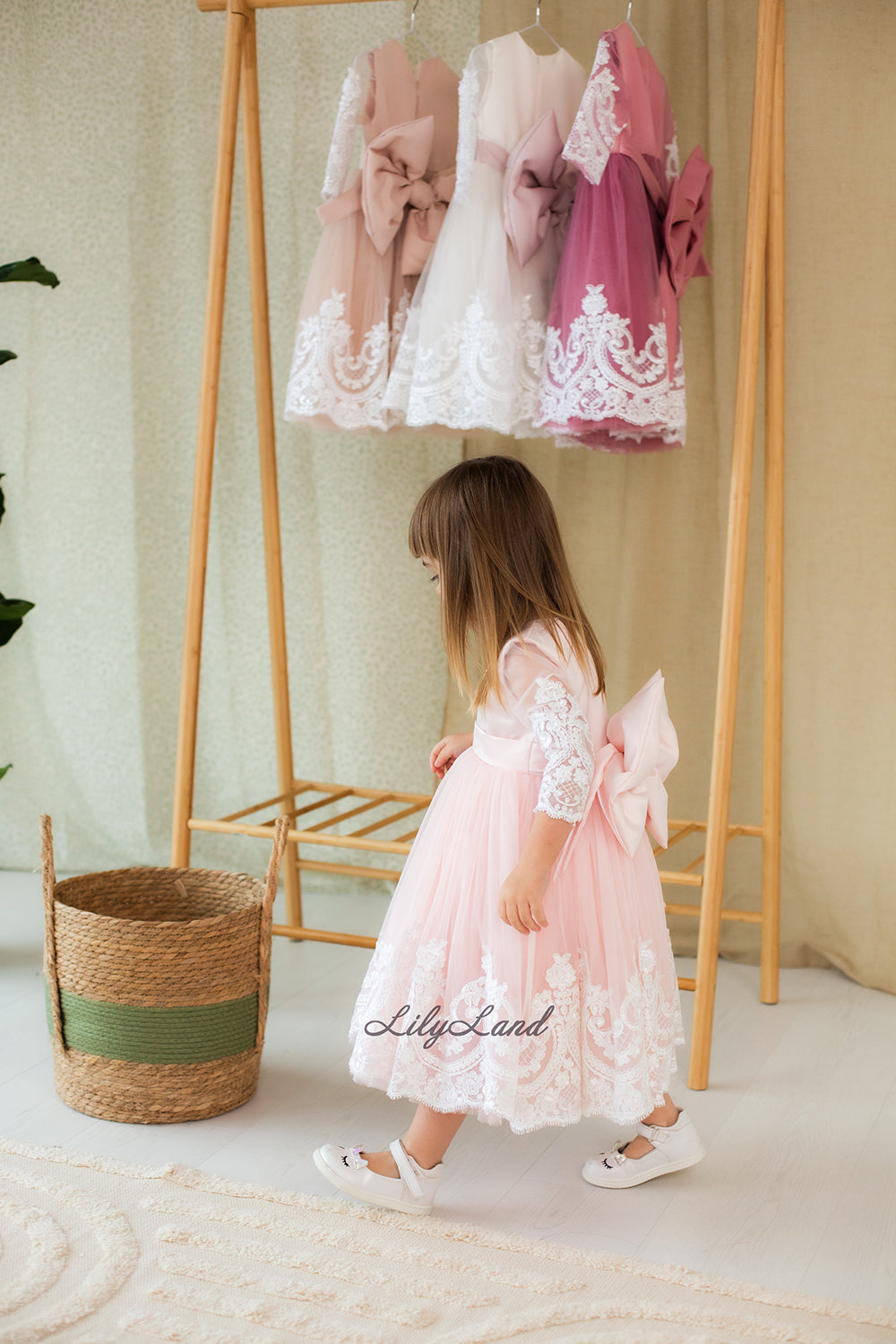 Amelie Girl Dress In Pink with Long Lace Sleeves