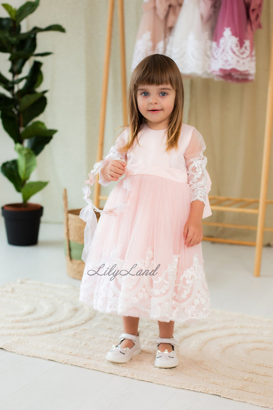 Amelie Girl Dress In Pink with Long Lace Sleeves