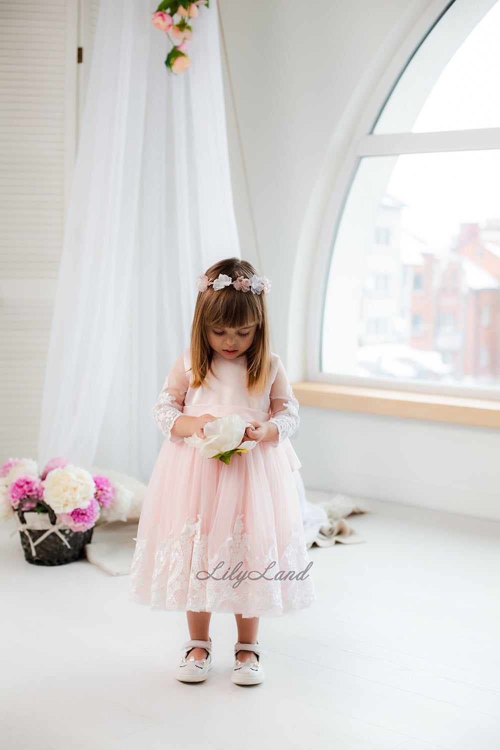 Amelie Girl Dress In Pink with Long Lace Sleeves