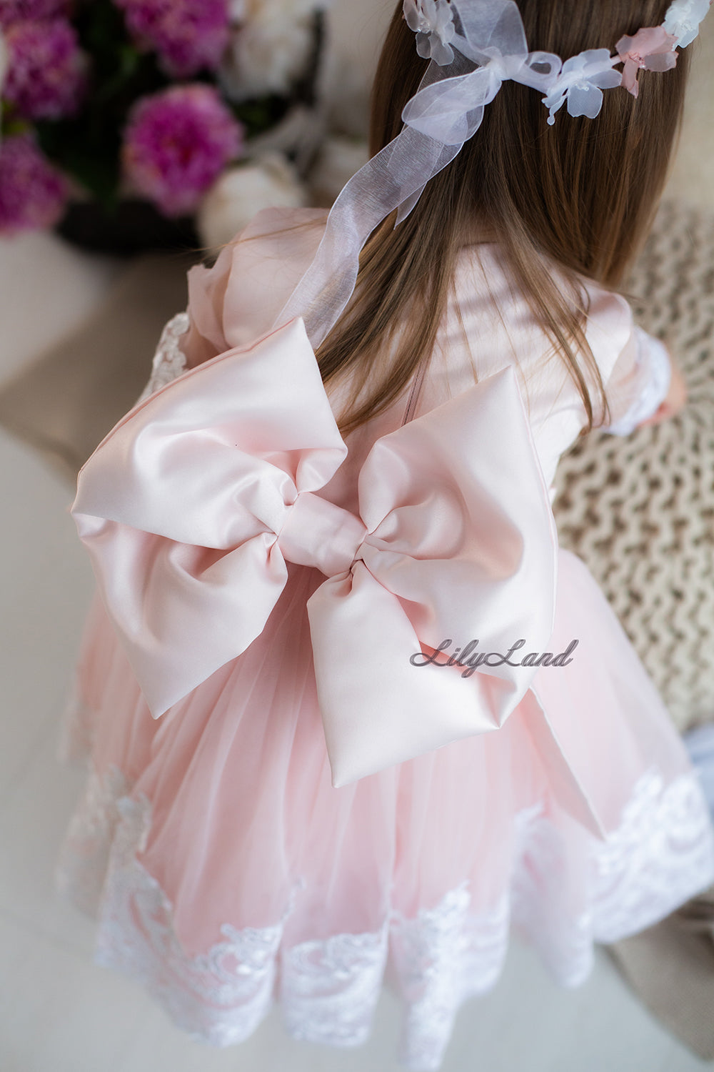 Amelie Girl Dress In Pink with Long Lace Sleeves