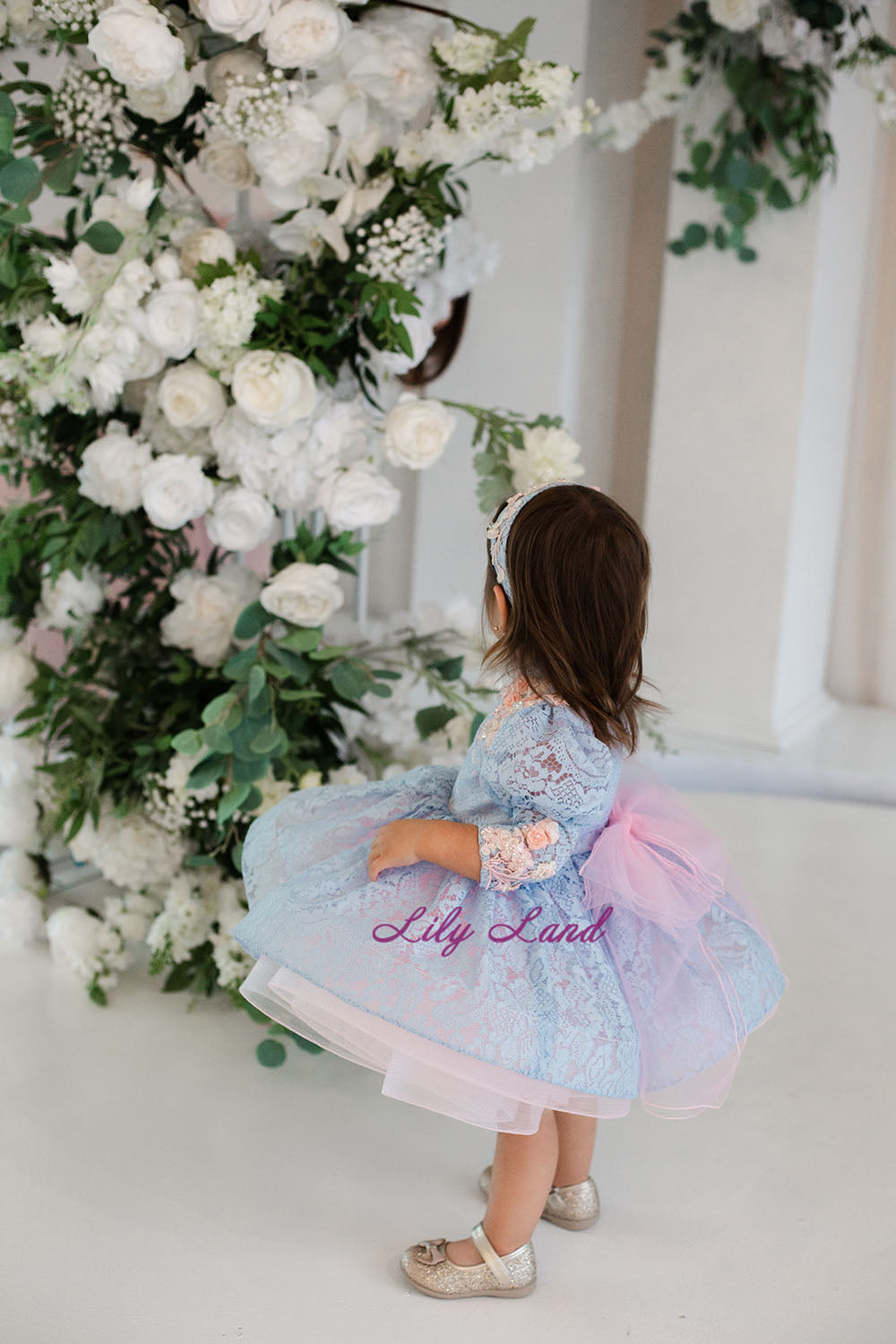 Felicity Lace Girl Dress with Long Sleeves in Blue and Pink