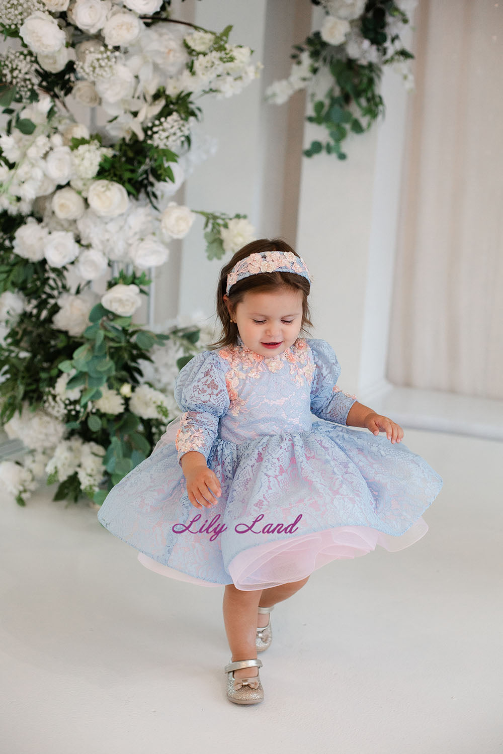 Felicity Lace Girl Dress with Long Sleeves in Blue and Pink