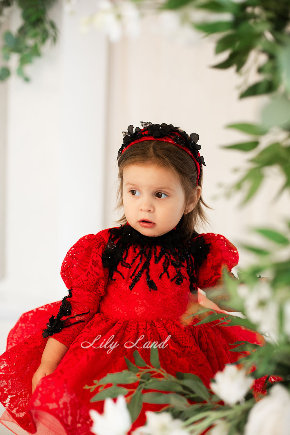 Felicity Lace Girl Dress with Long Sleeves in Red