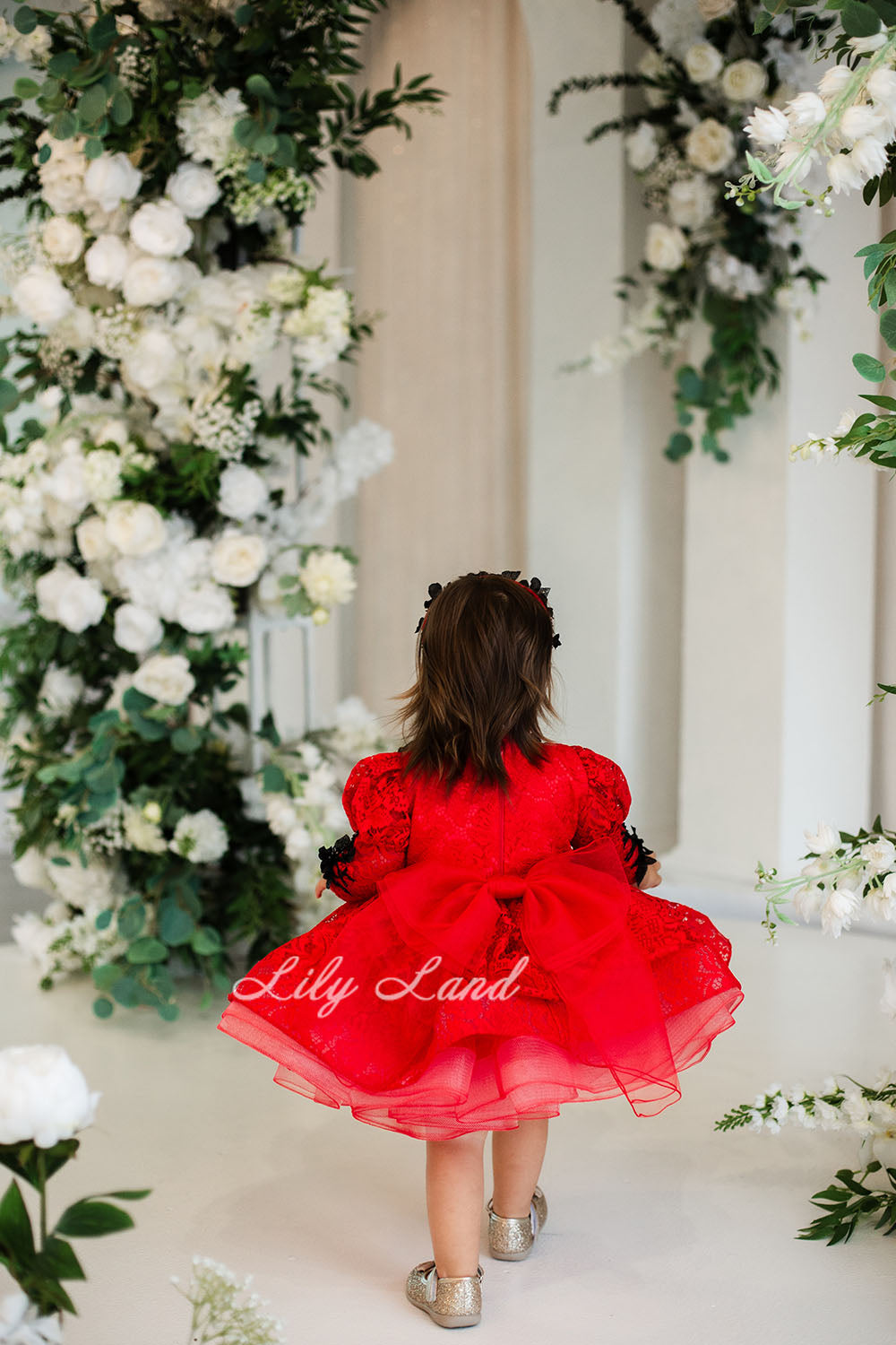 Felicity Lace Girl Dress with Long Sleeves in Red