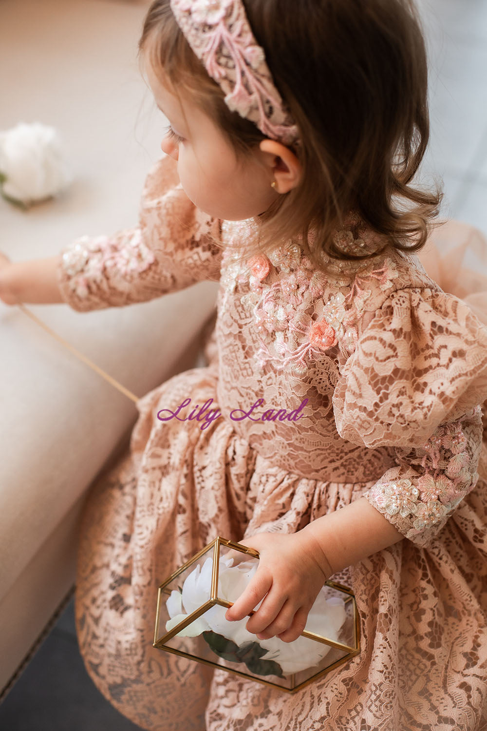 Felicity Lace Girl Dress with Long Sleeves in Beige