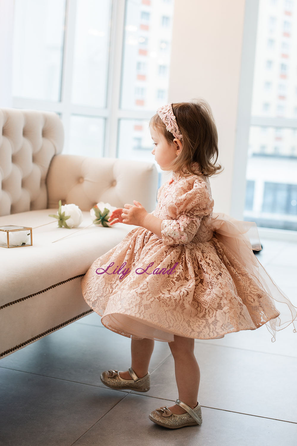 Felicity Lace Girl Dress with Long Sleeves in Beige