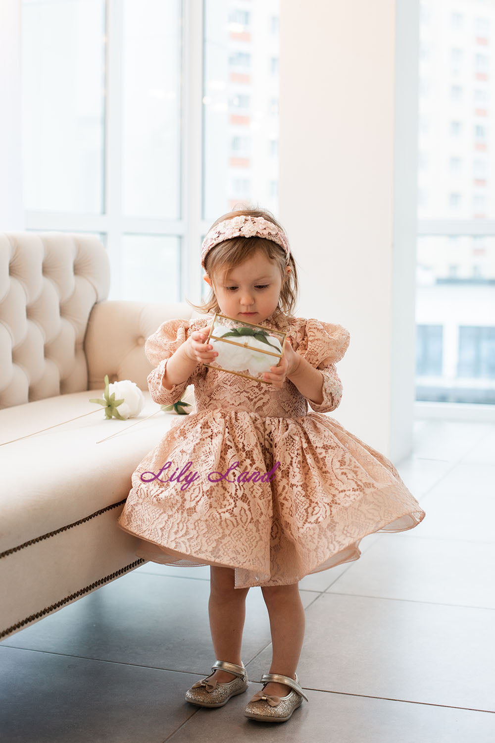 Felicity Lace Girl Dress with Long Sleeves in Beige