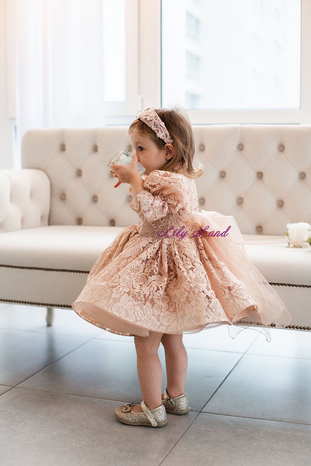 Felicity Lace Girl Dress with Long Sleeves in Beige