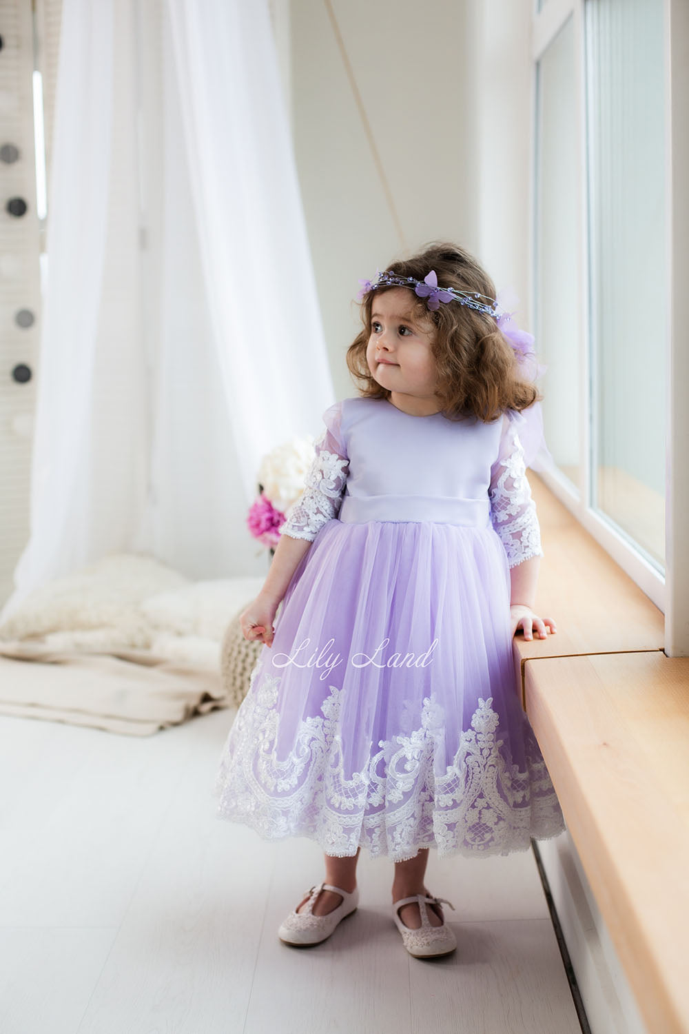 Amelie Girl Dress In Lavender with Long Lace Sleeves