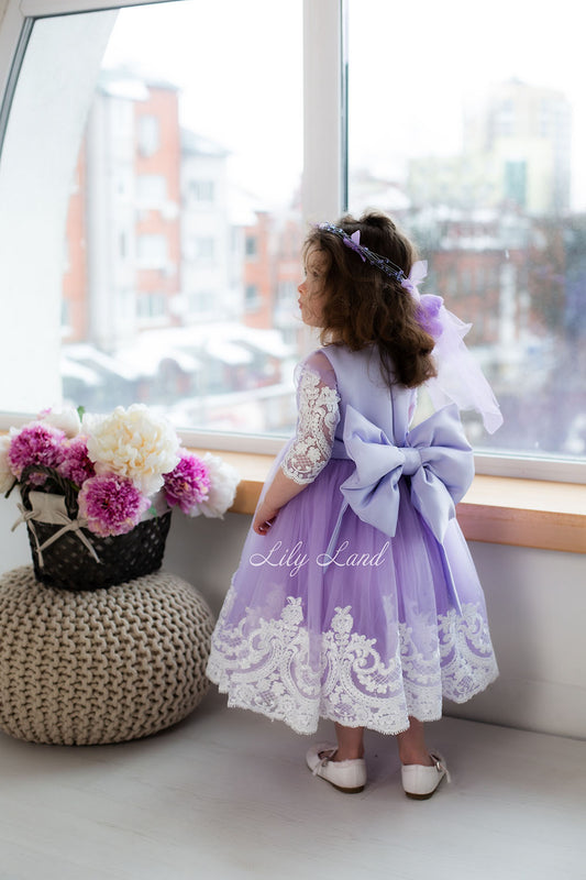 Amelie Girl Dress In Lavender with Long Lace Sleeves