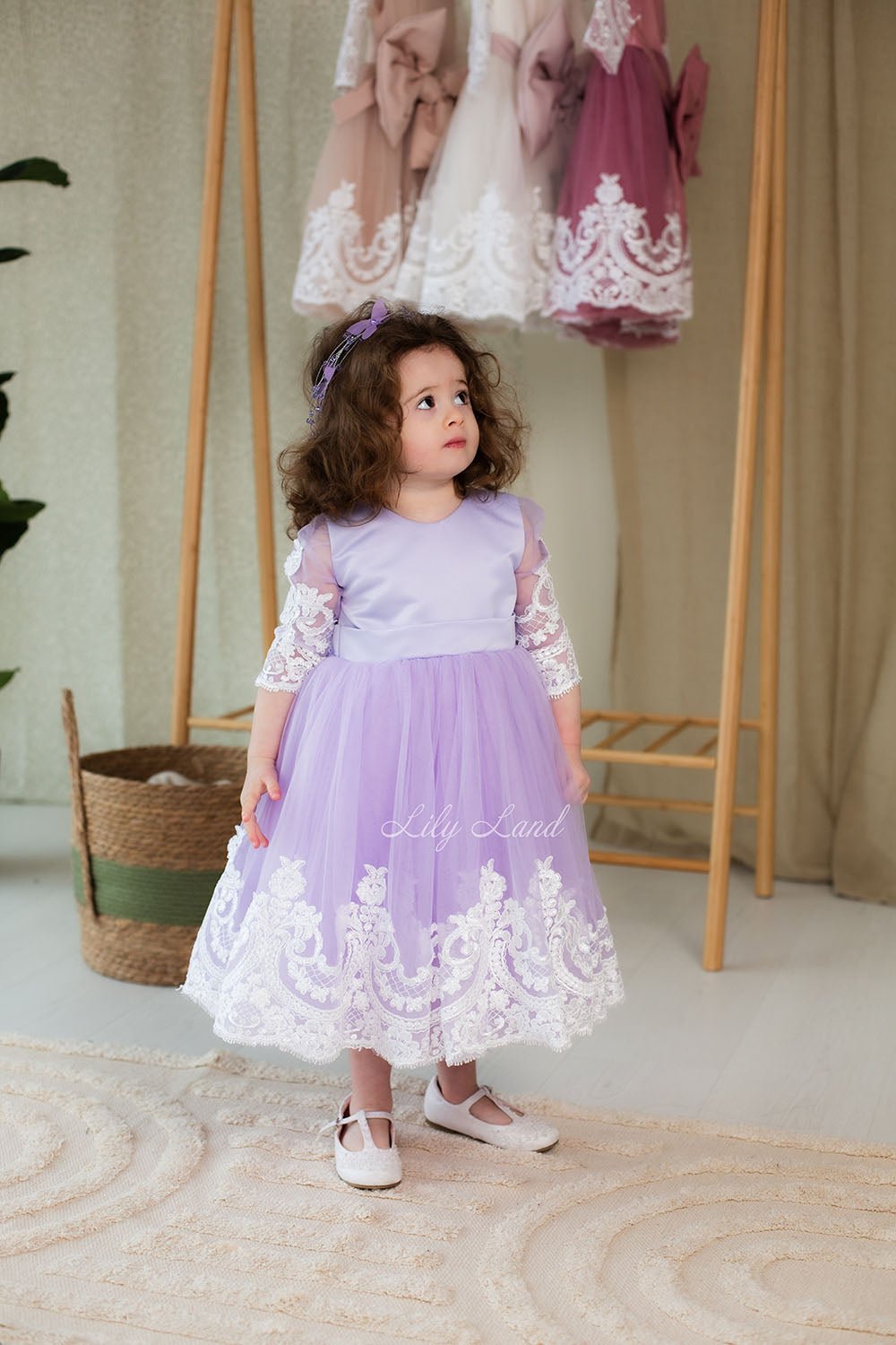 Amelie Girl Dress In Lavender with Long Lace Sleeves