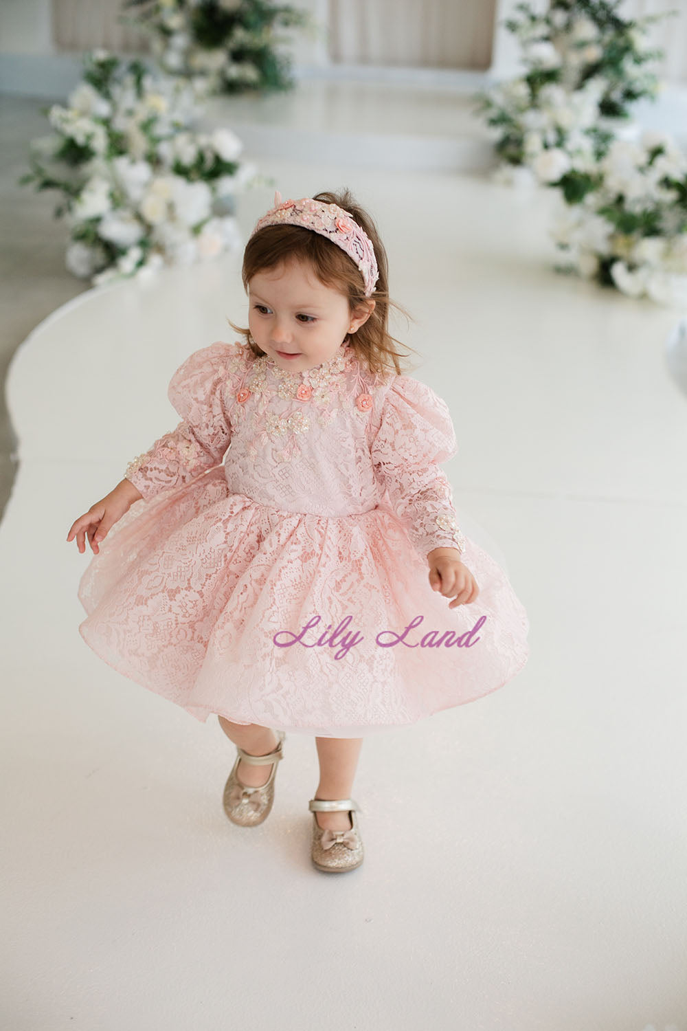 Felicity Lace Girl Dress with Long Sleeves in Blush Pink